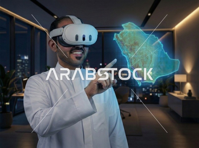 رؤية مستقبلية سعودية 2030، رجل عربي خليجي سعودي يرتدي الثوب التقليدي والشماغ ونظارة الفي ار يقوم بالنقر والتفاعل مع شاشة هولوجرامية ثلاثية الابعاد تعرض خريطة العالم، العلوم والابتكار وتكنولوجيا الذكاء الاصطناعي، النمو والتطور التكنولوجي وتحقيق الثورة الصناعية
