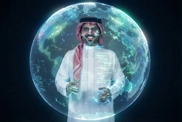 Saudi Vision 2030, an Arab Gulf Saudi man wearing traditional attire and a shemagh interacts with a three-dimensional holographic screen displaying a world map, science and innovation, artificial intelligence technology, growth and technological development, and achieving the industrial revolution.