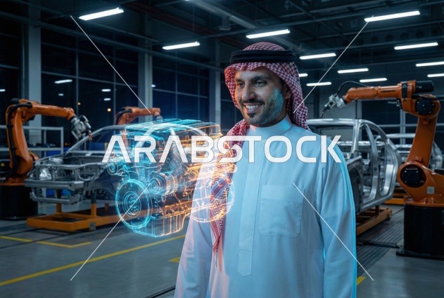 The concept of the automotive industry, the plans and engineering designs for future projects, technological and technical advancement and development, an Arab Gulf Saudi man wearing traditional attire and a headscarf interacts and integrates with three-dimensional holographic graphs of the prototype car structure, a Saudi Vision 2030.