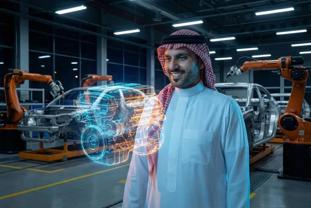مفهوم صناعة السيارات، المخططات والتصاميم الهندسية لمشاريع المستقبل, التقدم والتطور التقني والتكنولوجي,  رجل عربي خليجي سعودي يرتدي الثوب التقليدي والشماغ  يتفاعل ويندمج مع رسوم بيانية هولوجرامية ثلاثية الابعاد للنموذج الأولي لهيكل السيارة, رؤية مستقبلية سعودية 2030