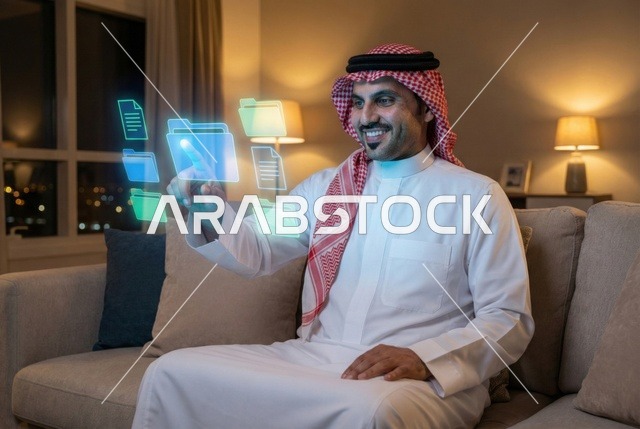 التقدم والتطور التقني والتكنولوجي، رجل عربي سعودي خليجي يرتدي الثوب التقليدي والشماغ يتفاعل مع واجهة رقمية مستقبلية لاستنساخ الملفات ، الابتكار والتحول الرقمي في المملكة العربية السعودية