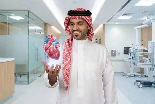 The development of the scientific and health field, the Saudi Vision 2030, advanced artificial intelligence in hospitals, digital technological advancement in medicine, an Arab Gulf Saudi man holding a hologram image of a heart.