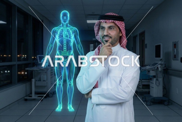 The development and progress in the medical fields in the Kingdom of Saudi Arabia, an Arab Gulf Saudi man wearing traditional attire and a ghutrah stands in front of a three-dimensional hologram model of the human body, the use of technology and techniques in health research.