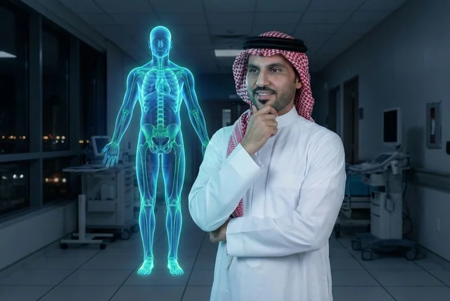 The development and progress in the medical fields in the Kingdom of Saudi Arabia, an Arab Gulf Saudi man wearing traditional attire and a ghutrah stands in front of a three-dimensional hologram model of the human body, the use of technology and techniques in health research.