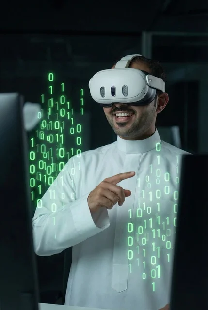 دمج العلم بالتقنية والتكنولوجيا, التقدم الرقمي والتكنولوجي, رجل عربي خليجي سعودي يرتدي الثوب التقليدي و الشماغ ونظارة الفى ار يتفاعل مع شاشة هولوجرامية ثلاثية الأبعاد للخوارزميات البرمجية