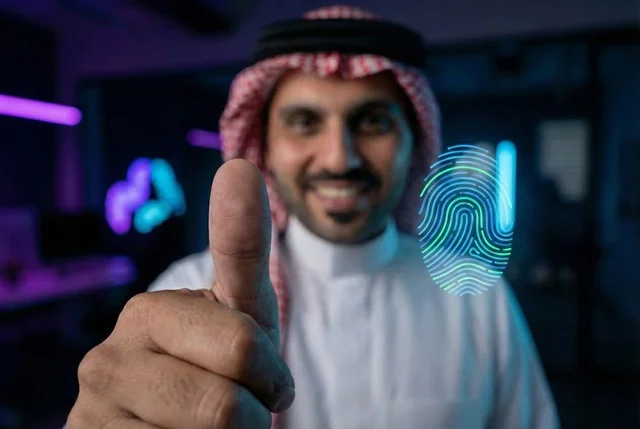 مفهوم أمن تكنولوجيا المعلومات، رجل خليجي سعودي يضغط بأصبعه لفك قفل الامان بتقنية حديثة, ماسح ضوئي لبصمات الاصابع, نظام امني و الدخول ببصمة الاصبع ، ششاة هولوجرام ثلاثية الابعاد