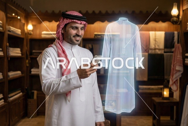 رموز وعناصر هولوجرامية ثلاثية الأبعاد، ابتكار التصاميم الانيقة، دمج التكنولوجيا الحديثة بالأعمال الفنية، ممارسة مهنة تصميم الأزياء،رجل عربي خليجي سعودي يرتدي الزى التقليدي والشماغ لرؤية نموذج أولي عن اللباس