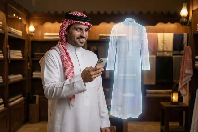 رموز وعناصر هولوجرامية ثلاثية الأبعاد، ابتكار التصاميم الانيقة، دمج التكنولوجيا الحديثة بالأعمال الفنية، ممارسة مهنة تصميم الأزياء،رجل عربي خليجي سعودي يرتدي الزى التقليدي والشماغ لرؤية نموذج أولي عن اللباس