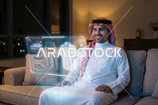 رموز وعناصر هولوجرامية ثلاثية الأبعاد، ابتكار التصاميم الانيقة، دمج التكنولوجيا الحديثة بالأعمال الفنية، ممارسة مهنة تصميم الأزياء،رجل عربي خليجي سعودي يرتدي الزى التقليدي والشماغ لرؤية نموذج أولي عن اللباس
