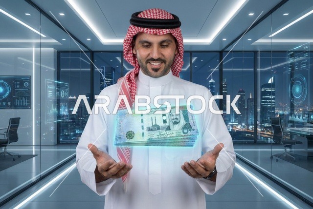 عرض الإصدار الجديد للريالات السعودية ، العملة المتداولة في أسواق المملكة العربية السعودية، رجل عربي خليجي سعودي يرتدي الزى التقليدي والشماغ يحمل بيده مبلغ مالي بتقنية الهولوجرام، الأعمال الاقتصادية المالية، محاولة إدارة المصروف المنزلي بتدبر، السعي نحو الادخار