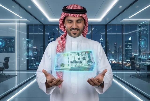 The new release of the Saudi riyals, the currency circulating in the markets of the Kingdom of Saudi Arabia, features a Gulf Arab Saudi man wearing traditional attire and a shemagh, holding a hologram of a financial amount in his hand, economic financial activities, an attempt to manage household expenses wisely, and the pursuit of saving.