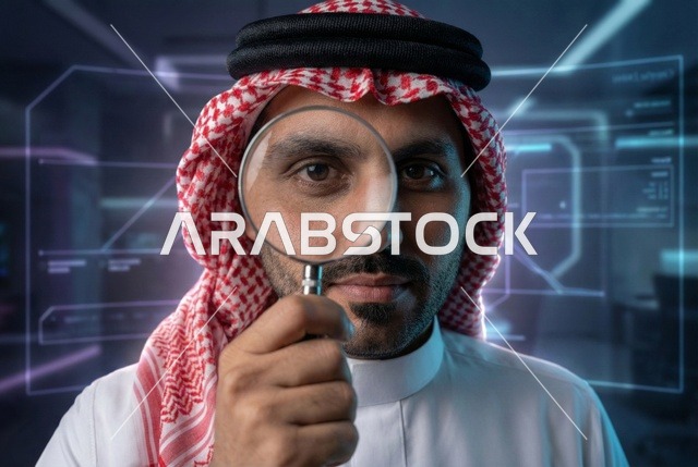 مفهوم توضيح الصورة، رجل عربي خليجي سعودي يرتدي الثوب التقليدي والشماغ ينظر من خلال العدسة المكبرة، الفحص والاستكشاف والرؤية عن قرب، التدقيق والتركيز باستخدام الأدوات البصرية، خلفية الكترونية بتقنية الهولوجرام