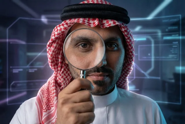 The concept of image clarification, an Arab Gulf Saudi man wearing traditional attire and a shemagh looking through a magnifying glass, examination and exploration and close-up vision, scrutiny and focus using optical tools, an electronic background with hologram technology.