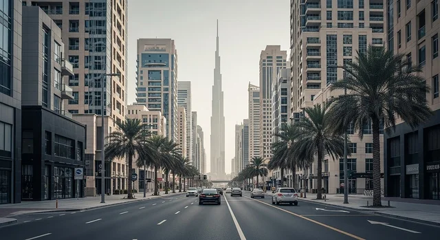 الطرق والشوارع الاسفلتية المعبدة في مدينة دبي, الفن الهندسي المعماري للمباني والمنشآت على الطراز الحديث, الابراج وناطحات السحاب، المعالم والأماكن السياحية المشهورة في الإمارات العربية المتحدة, حركة مرور السيارات في شوارع دبي