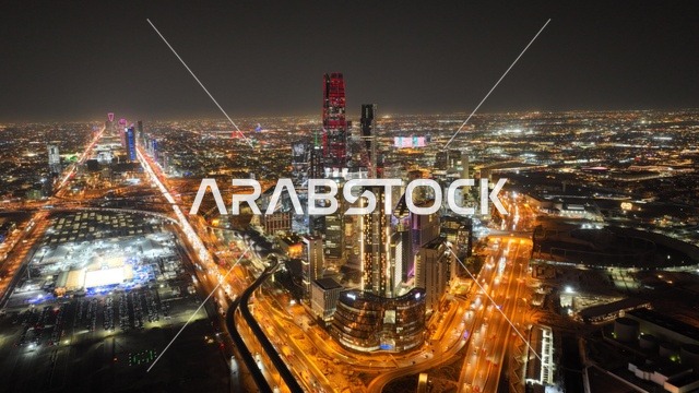 تصوير درون جوي لمركز الملك عبد الله المالي ( كافد ) في مدينة الرياض بالمملكة العربية السعودية، الأبراج وناطحات السحاب، عاصمة الرياض، معالم الرياض السياحية الشهيرة، أفق مدينة الرياض، طرق وشوارع السعودية