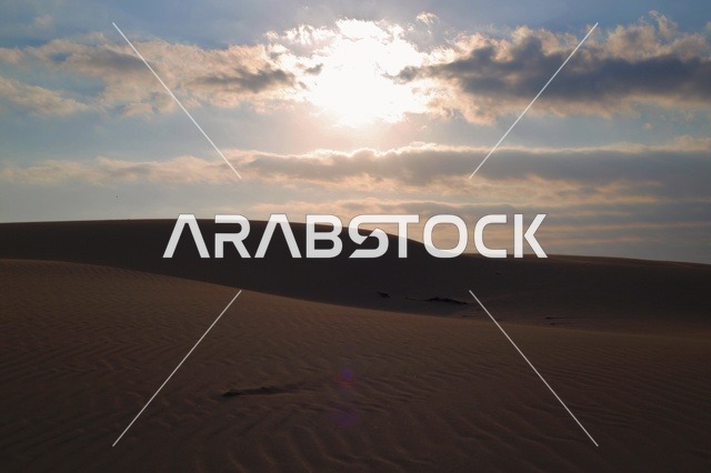 صحراء الدمر في مدينة صلالة وقت العصرية، سلطنة عُمان، مشهد صحراوي هادئ تلامسه ألوان الغروب، كثبان رملية تمتد تحت ضوء الشمس الذهبي، تباين ساحر بين الصحراء والسماء، أجواء طبيعية تعكس الطبيعة العُمانية في لحظات المساء.