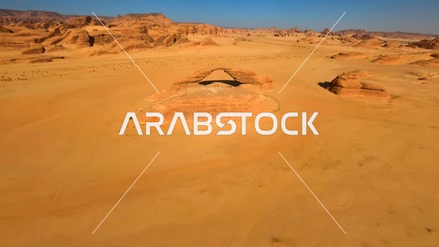 Panoramic photography of rock formations in the Jeddah Neom area, northwest of the Kingdom of Saudi Arabia, stunning landscapes of golden sands, mountains with attractive rock formations in Tabuk, and cultural tourist landmarks in the Kingdom of Saudi Arabia.