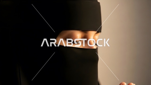 الاهتمام بالمظهر الخارجي، النظر  بإيماءات الثقة بالنفس  ، بورتريه لامرأة عربية خليجية سعودية مسلمة منقبة ترتدي العباءة التقليدية