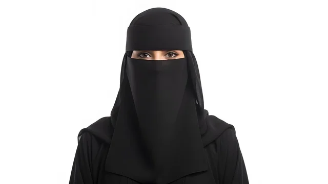 الاهتمام بالمظهر الخارجي، النظر  بإيماءات الثقة بالنفس  ، بورتريه لامرأة عربية خليجية سعودية مسلمة منقبة ترتدي العباءة التقليدية