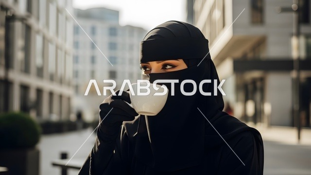 التجول واستنشاق الهواء الجوي، الاهتمام بالمظهر الخارجي، النظر  بإيماءات الثقة بالنفس  ، بورتريه لامرأة عربية خليجية سعودية مسلمة منقبة ترتدي العباءة التقليدية تقوم باحتساء فنجان من القهوه