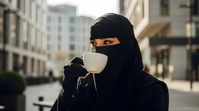 Walking and inhaling the fresh air, taking care of one's appearance, looking with gestures of self-confidence, a portrait of a Gulf Arab Saudi Muslim woman in a niqab wearing a traditional abaya sipping a cup of coffee.