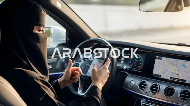 امرأة عربية خليجية سعودية مسلمة منقبة ترتدي العباءة السوداء تستخدم الجوال اثناء قيادة السيارة  ,حرية القيادة للمرأة السعودية ، توصيل الركاب ، راحة وأمان