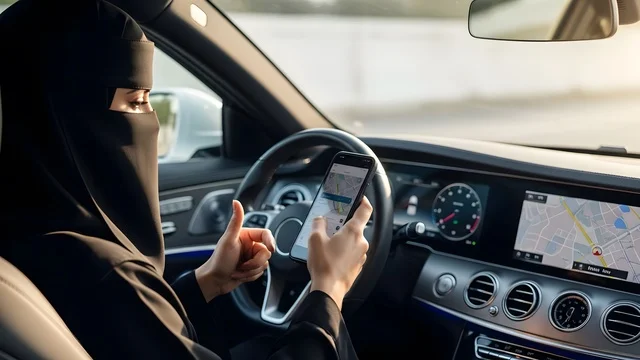 امرأة عربية خليجية سعودية مسلمة منقبة ترتدي العباءة السوداء تستخدم الجوال اثناء قيادة السيارة  ,حرية القيادة للمرأة السعودية ، توصيل الركاب ، راحة وأمان