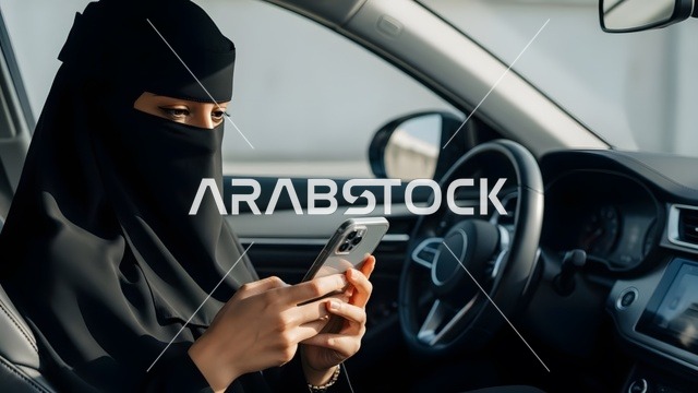 امرأة عربية خليجية سعودية مسلمة منقبة ترتدي العباءة السوداء تستخدم الجوال اثناء قيادة السيارة  ,حرية القيادة للمرأة السعودية ، توصيل الركاب ، راحة وأمان