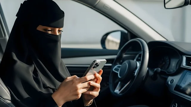 امرأة عربية خليجية سعودية مسلمة منقبة ترتدي العباءة السوداء تستخدم الجوال اثناء قيادة السيارة  ,حرية القيادة للمرأة السعودية ، توصيل الركاب ، راحة وأمان