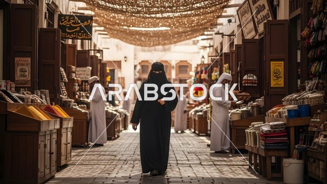 امرأة عربية خليجية سعودية مسلمة منقبة ترتدي العباءة السوداء تمشي داخل سوق المدينة القديمة، أزقة تاريخية نابضة بالحياة، محال تقليدية وأسواق شعبية، مشهد يومي يعكس الطابع التراثي والثقافي للمدن القديمة في العالم العربي.