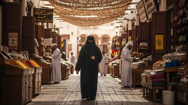 امرأة عربية خليجية سعودية مسلمة منقبة ترتدي العباءة السوداء تمشي داخل سوق المدينة القديمة، أزقة تاريخية نابضة بالحياة، محال تقليدية وأسواق شعبية، مشهد يومي يعكس الطابع التراثي والثقافي للمدن القديمة في العالم العربي.