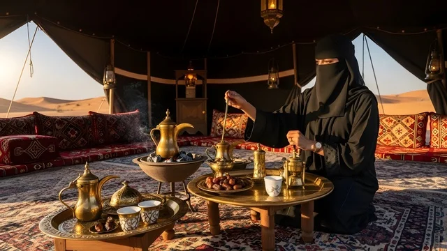 A Gulf Arab Saudi Muslim woman in a niqab wearing a black abaya is shopping inside the old city market, vibrant historical alleys, traditional shops, and popular markets, a daily scene that reflects the heritage and cultural character of the old cities in the Arab world.