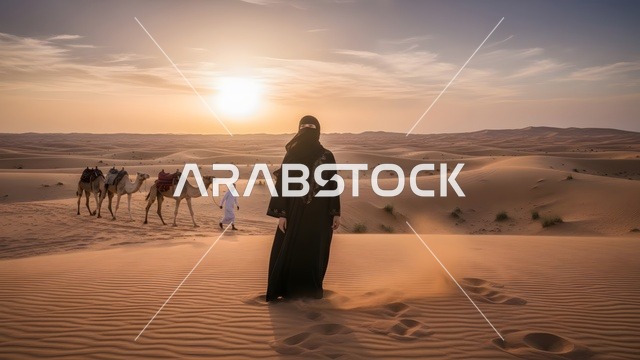 ملابس وحجابات نسائية عصريه راقية، مفهوم الأنوثة والنعومة والاهتمام بالمظهر الخارجي، امرأة عربية خليجية سعودية مسلمة منقبة ترتدي العباءة السوداء تقف باستقامة في وسط الصحاري، خلفية التلال والكثبان الرملية في الصحراء.