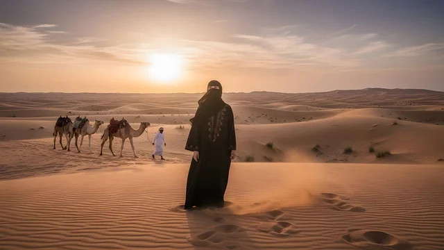 ملابس وحجابات نسائية عصريه راقية، مفهوم الأنوثة والنعومة والاهتمام بالمظهر الخارجي، امرأة عربية خليجية سعودية مسلمة منقبة ترتدي العباءة السوداء تقف باستقامة في وسط الصحاري، خلفية التلال والكثبان الرملية في الصحراء.