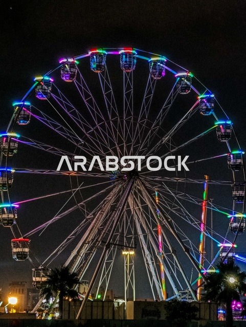 قضاء اوقات المرح والتسلية في مدينة الملاهي والترفيه في الكورنيش الشمالي بمنطقة جازان جنوب المملكة العربية السعودية ،لعبة العجلة الدوارة   ، العطلة الصيفية ، عطلة نهاية الأسبوع