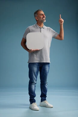 A Saudi Arabian Gulf Arab man wearing casual attire holding a white square board, a marketing advertisement display, with various movements and gestures, against a blue background, full body.