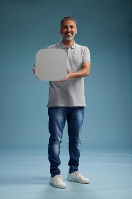 A Saudi Arabian Gulf Arab man wearing casual attire holding a white square board, a marketing advertisement display, with various movements and gestures, against a blue background, full body.