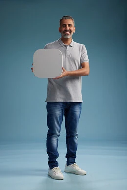 A Saudi Arabian Gulf Arab man wearing casual attire holding a white square board, a marketing advertisement display, with various movements and gestures, against a blue background, full body.