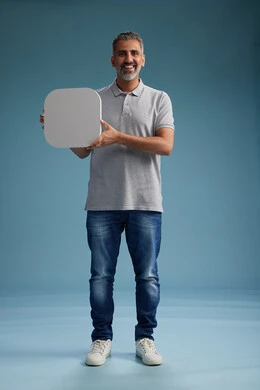 A Saudi Arabian Gulf Arab man wearing casual attire holding a white square board, a marketing advertisement display, with various movements and gestures, against a blue background, full body.