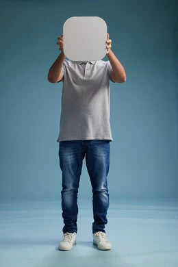 A Saudi Arabian Gulf Arab man wearing casual attire holding a white square board, a marketing advertisement display, with various movements and gestures, against a blue background, full body.
