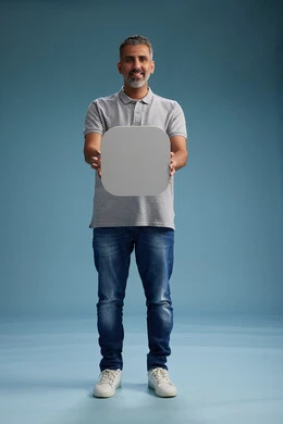 A Saudi Arabian Gulf Arab man wearing casual attire holding a white square board, a marketing advertisement display, with various movements and gestures, against a blue background, full body.