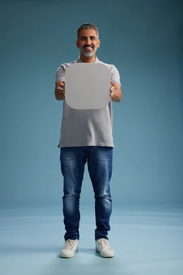 A Saudi Arabian Gulf Arab man wearing casual attire holding a white square board, a marketing advertisement display, with various movements and gestures, against a blue background, full body.