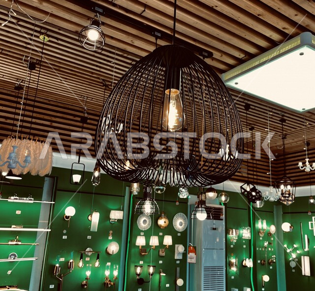 صورة لمتجر بيع المصابيح الكهربائية بأشكال مختلفة ، محل الإضاءات ، مصابيح كهربائية