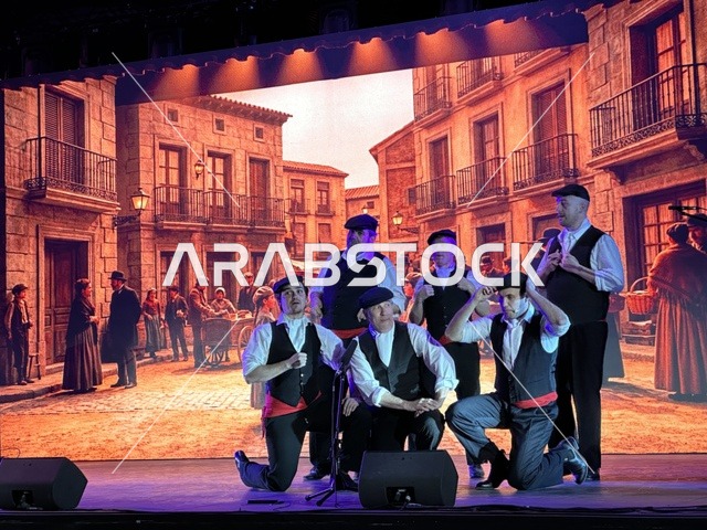 A folk dance show at the Spain Street event at the King Abdulaziz Center for World Culture "Ithra" in Dhahran, Eastern Province, Saudi Arabia, on October 11, 2025, featuring live musical and artistic performances, interactive activities for families and children, flamenco dances, Spanish-themed restaurants and cafes, and a vibrant festive atmosphere.