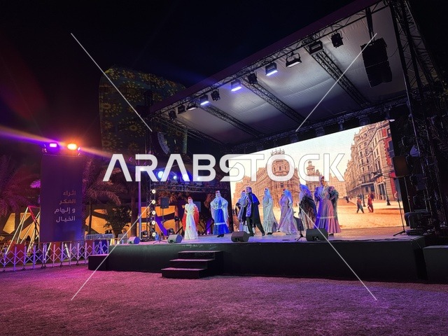 A group of dancers in traditional costumes at the Spain Street event at the King Abdulaziz Center for World Culture "Ithra" in Dhahran, Eastern Province, Saudi Arabia, on October 11, 2025, featuring live musical and artistic performances, interactive activities for families and children, flamenco dances, Spanish-themed restaurants and cafes, and a vibrant festive atmosphere.