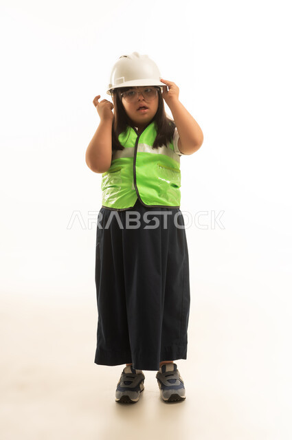 The tap on the white helmet is a sign of thinking. A small Arab Gulf Saudi girl with Down syndrome is wearing a gray school uniform and a reflective safety vest, standing in front of the camera, full-body shot, portrait with a white background.