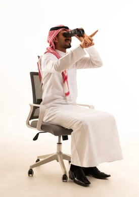 Saudi Man with Binoculars on Office Chair White Background