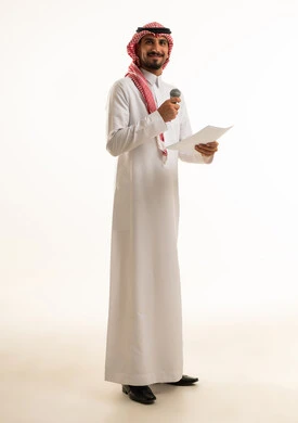 Saudi Man Presenter Holding Microphone White Background
