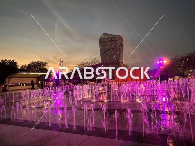 A water fountain at the Spain Street event in the King Abdulaziz Center for World Culture "Ithra" in Dhahran, Eastern Province, Saudi Arabia, on October 11, 2025, featuring interactive activities for families and children, flamenco dances, live musical and artistic performances, Spanish-themed restaurants and cafes, and a vibrant festive atmosphere.