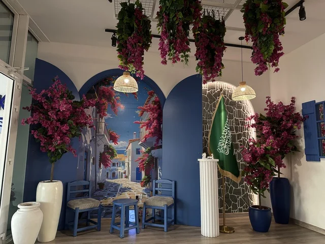 Elegant decor in one of the cafes at the Shore Mall in Dammam, Eastern Province, Saudi Arabia, a comprehensive commercial and entertainment center, featuring local and international stores and brands, diverse restaurants and cafes, recreational areas for children and families, seasonal events and marketing activities, and a family-friendly atmosphere for all age groups.